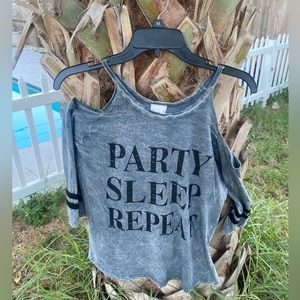 Party, Sleep, and Repeat fun Cold-Shoulder Shirt!